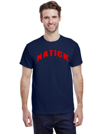 Navy Tee Shirt with Natick written on the chest in red